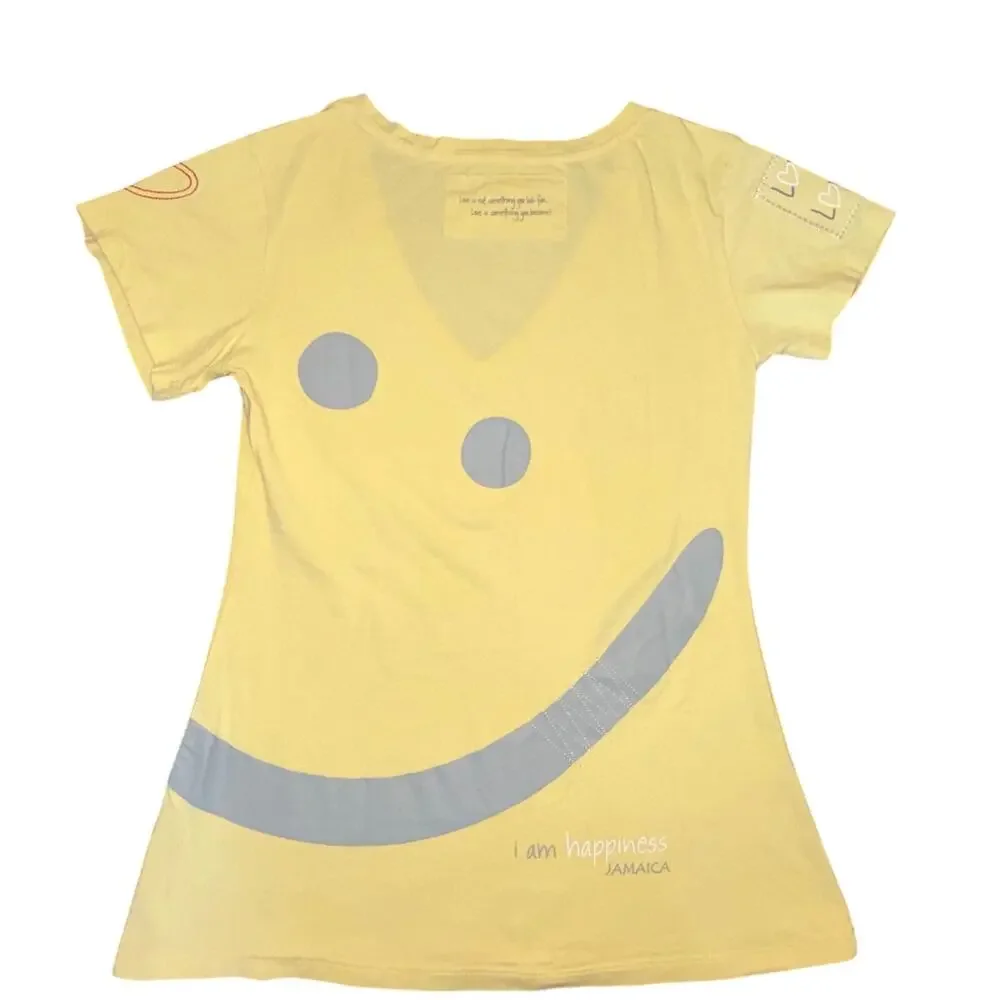 LMS‎ Creations Jamaica I Am Happy Yellow V-Neck Graphic T-Shirt Large